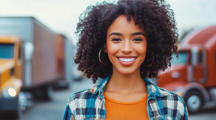 Smiling Driver: A smiling individual, surrounded by commercial trucks, exudes confidence and expertise in the transportation industry.