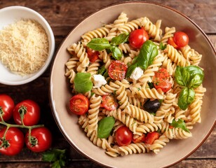 Whole grain fusilli pasta salad with vegetables and cheese