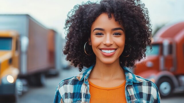 Smiling Driver: A smiling individual, surrounded by commercial trucks, exudes confidence and expertise in the transportation industry. - Powered by Adobe