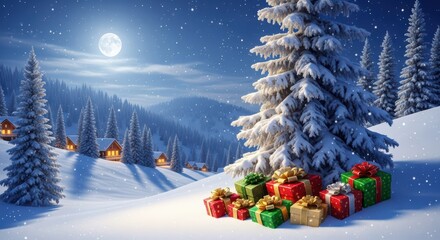 Magical snowy winter landscape with festive gifts under a bright full moon