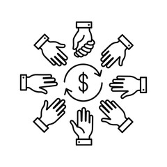 Concept of crowdfunding, investment, and financial circulation with hands around dollar sign isolated on