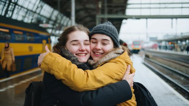 Two friends share a joyful hug at a busy train station as they prepare for their journey together on a chilly day