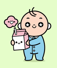 Cute Kawaii Baby Holding Milk Character Cartoon Vector Illustration