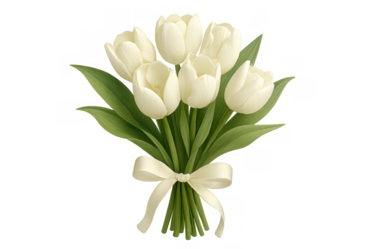 White tulip bouquet with green leaves and a delicate cream ribbon, symbolizing spring, nature, and celebration, transparent background