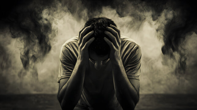 Hombre con angustia emocional rodeado de sombras como concepto de enfermedad mental
