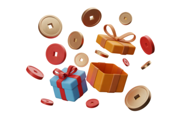 Festive collection of colorful gift boxes and ancient chinese coins scattered in the air isolated on transparent background