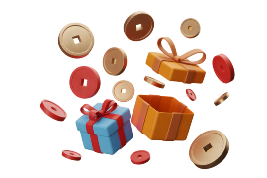 Festive collection of colorful gift boxes and ancient chinese coins scattered in the air isolated on transparent background
