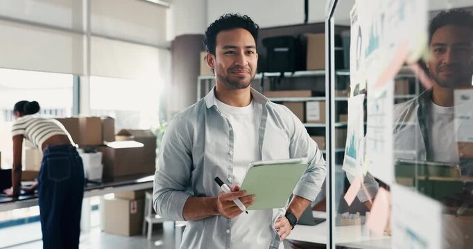 Shipping, man and tablet by glass board in small business with KPI pride, sales growth or statistics. Distribution graphs, manager and reflection with tech for logistics performance and supply chain