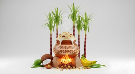 Pongal festival elements pongal pot cooking with traditional method illustrations with 3d style white background