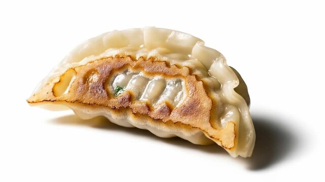 Close-up of a single steamed dumpling with a golden brown bottom and translucent wrapper revealing filling inside