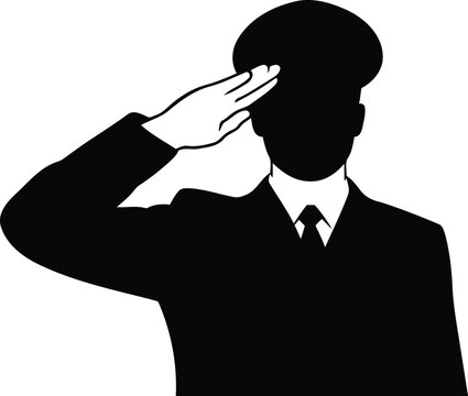 Silhouette of a uniformed man saluting against a white background in a vectorized image ready for commercial use and graphic design projects showing respect and obedience