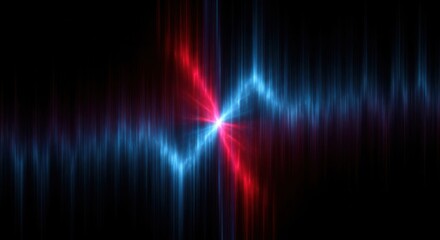 Abstract digital sound wave visualization with glowing red and blue light streaks against a dark background