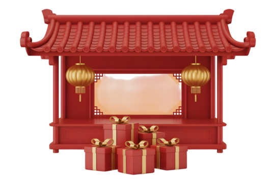 Traditional chinese red pavilion with golden lanterns and gift boxes symbolizing prosperity and celebration isolated on transparent background