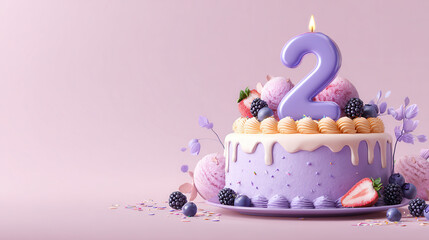 Delightful purple birthday cake featuring two candles, ice cream, and fresh fruit for a second birthday celebration