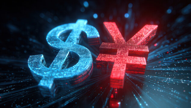 Exchange rates displayed with glowing dollar and yen symbols in a digital setting