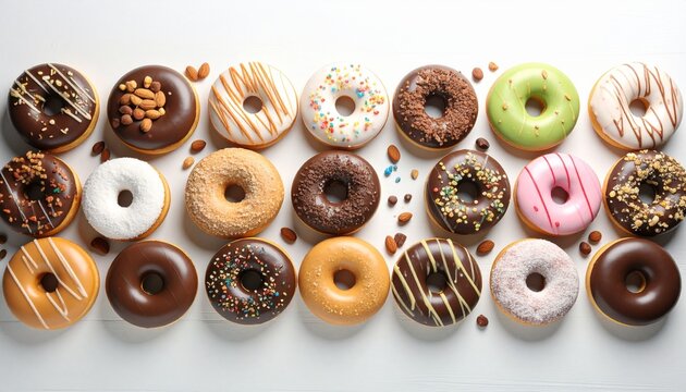 カラフルなドーナツの並び|Assorted colorful donuts with festive toppings