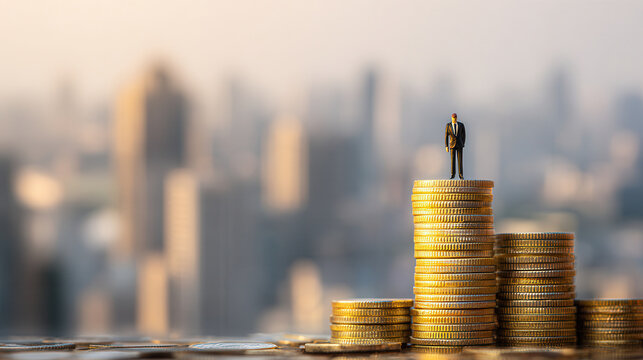 Businessman standing on top of coin stacks in a city skyline during sunset showcases financial success and ambition - Powered by Adobe
