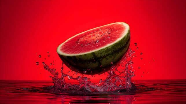 Watermelon Half Toss Splash On Red Backdrop, Fresh Juicy Summer Fruit In Motion