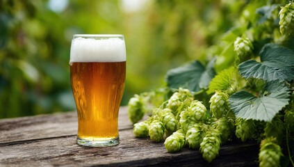 Craft beer in a glass beside fresh hops on a wooden table outdoors in a lush garden setting