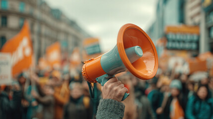Protesters rally in city square holding banners and using megaphones for social change and awareness on a cloudy day
