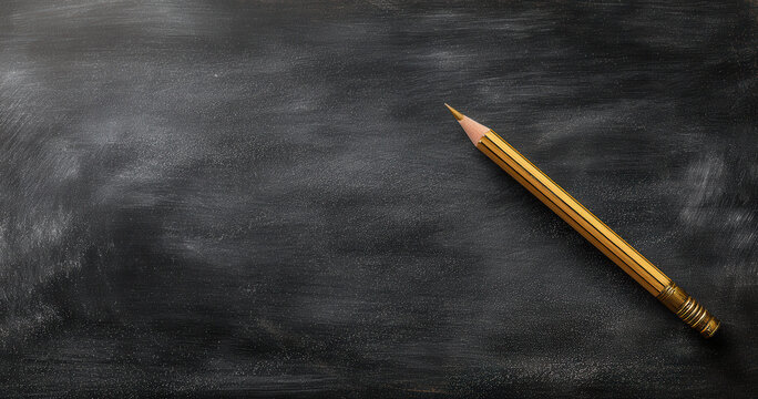 Pencil resting on a chalkboard in a classroom setting during a bright school day