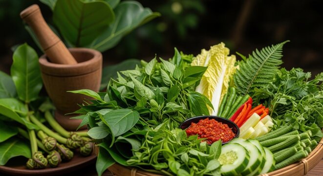 Fresh Bruneian Ulam &ndash; Vibrant Rainforest Herbs & Vegetables with Sambal in Woven Sago Basket, Lesung Mortar & Pucuk Paku Fern in Lush Rainforest Light 