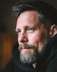 A close-up portrait of a man with a beard and striking blue eyes, conveying a sense of contemplation and depth.