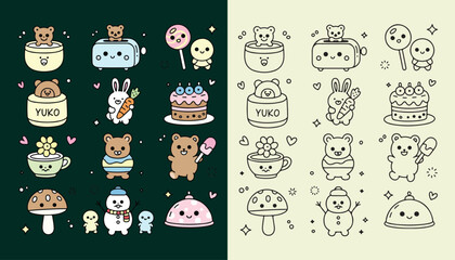 Adorable kawaii characters and objects vector illustration set