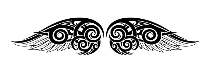 Intricate black tribal wings design featuring symmetrical Maori-inspired spirals and sharp feather details in a bold tattoo style