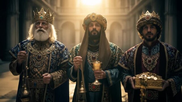 Three regal kings dressed in ornate robes and crowns standing in a grand, illuminated hall with a majestic and historical ambiance