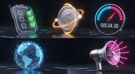 Collection of glowing digital technology icons for business and communication.