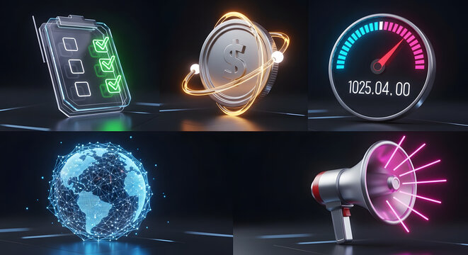 Collection of glowing digital technology icons for business and communication.