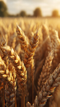 Primer plano de espigas de trigo dorado al atardecer en campo de cultivo
