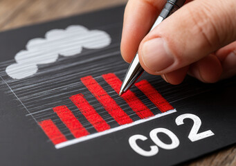 Graph showing CO2 levels and analysis using a pen on a wooden table during a study session