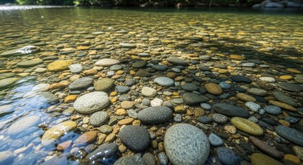 Crystal Clear River Water Flowing Over Smooth Colorful Stones and Pebbles