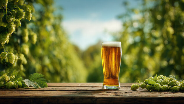Freshly brewed beer in a scenic hop field during a sunny afternoon - Powered by Adobe
