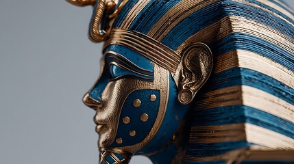 Close up of a pharaoh's mask with blue and gold details on a light background in a studio setting