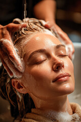 A serene moment captures a woman enjoying a soothing hair wash, with bubbles and gentle hands massaging her scalp.