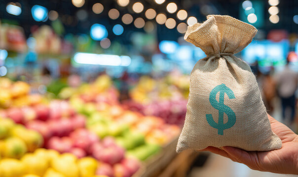 Money bag held in front of colorful fruits in a market