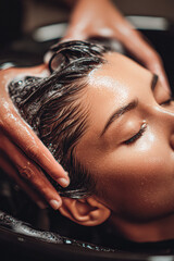A close-up of a person enjoying a relaxing hair wash, with water and shampoo glistening, emphasizing a soothing beauty treatment experience.