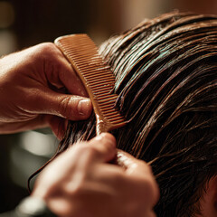 A close-up of hands combing wet hair with a wooden comb, showcasing hair care and grooming techniques.