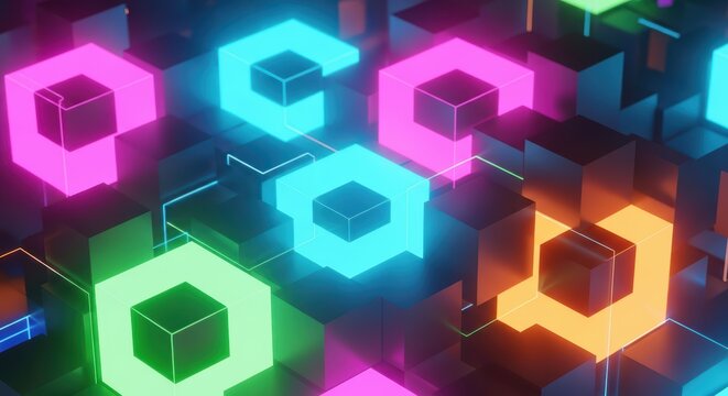 Interconnected Luminous Geometric Shapes Forming a Complex Digital Data System