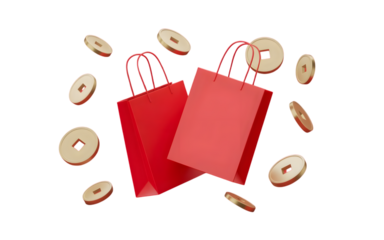 Two vibrant red gift bags with handles surrounded by floating antique chinese coins symbolizing good fortune and prosperity isolated on transparent background