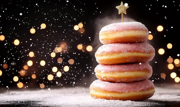 Donuts stack forming a christmas tree shape, dusted with powdered sugar, a star topper, golden bokeh lights and falling snow creating a festive winter scene