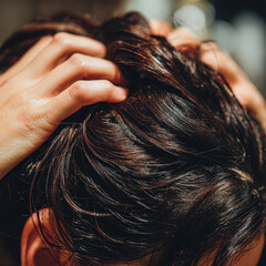 A close-up of hands gently massaging wet hair, highlighting a moment of relaxation and care in a soothing environment.