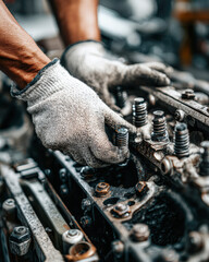 A close-up of a gloved hand working on an engine, adjusting components amidst mechanical parts and tools.