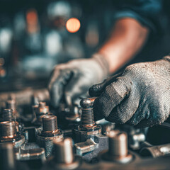 A close-up of a worker's hands in gloves, repairing machinery with metallic components in a workshop setting.
