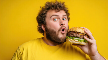 Man surprises with big burger against a bright yellow background, showcasing joy and excitement for delicious food