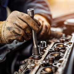 A mechanic"s hand uses a tool to repair an engine, showcasing detailed work on automotive machinery.