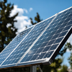 A close-up of solar panels capturing sunlight under a clear blue sky, showcasing renewable energy technology and sustainability.